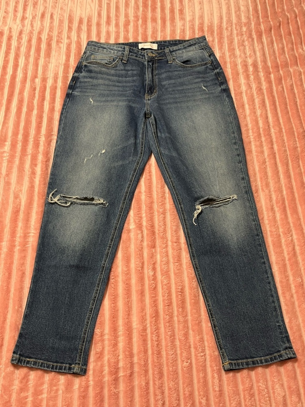 Women's Straight-Leg Distressed Dark Blue Jeans